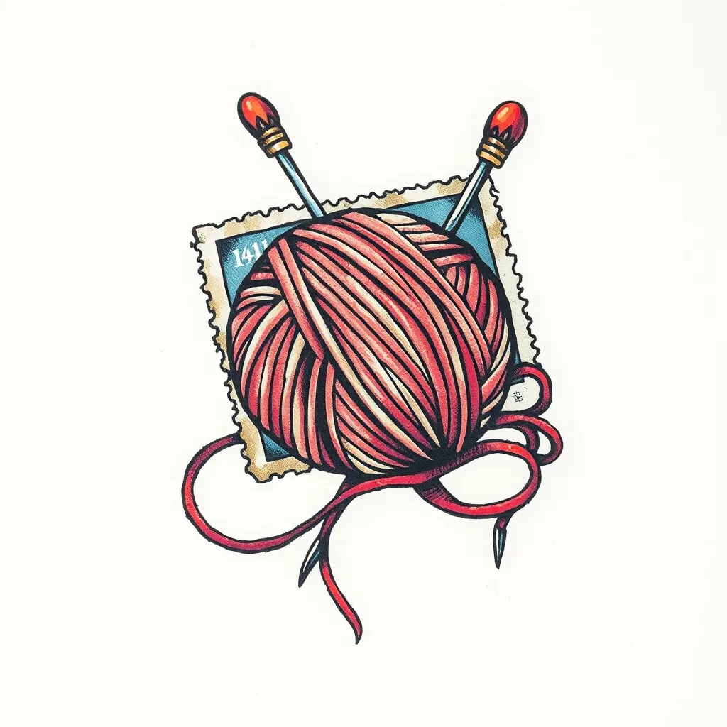 Imagina un diseño que combine una estampa postal vintage con una bola de estambre y agujas de tejer, incorporando el año 1941 de manera estilizada. Tätowierung