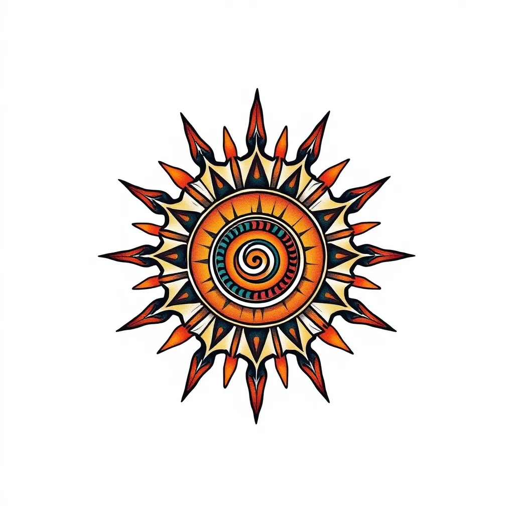 Inca sun with spiral in the middle and different size rays Tätowierung