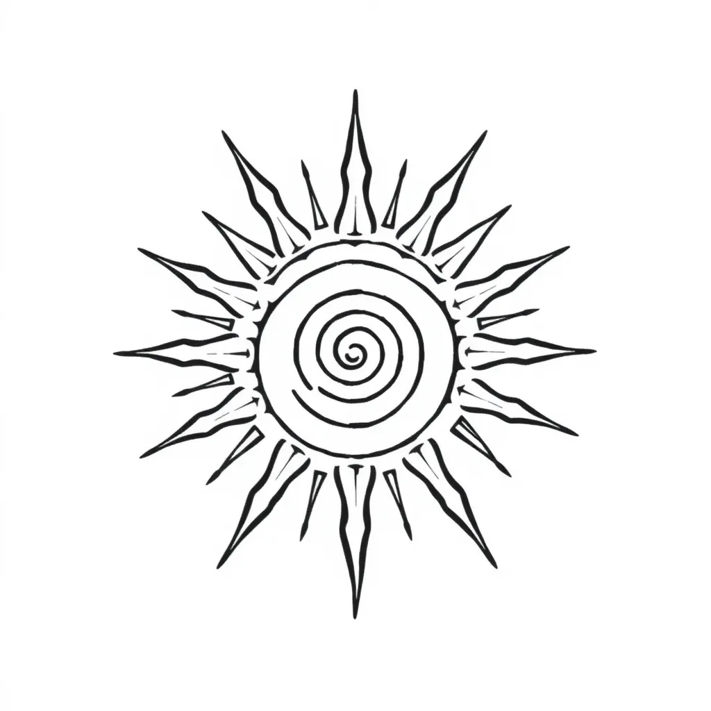 Inca sun with spiral in the middle and different size rays with simple lines tatuering