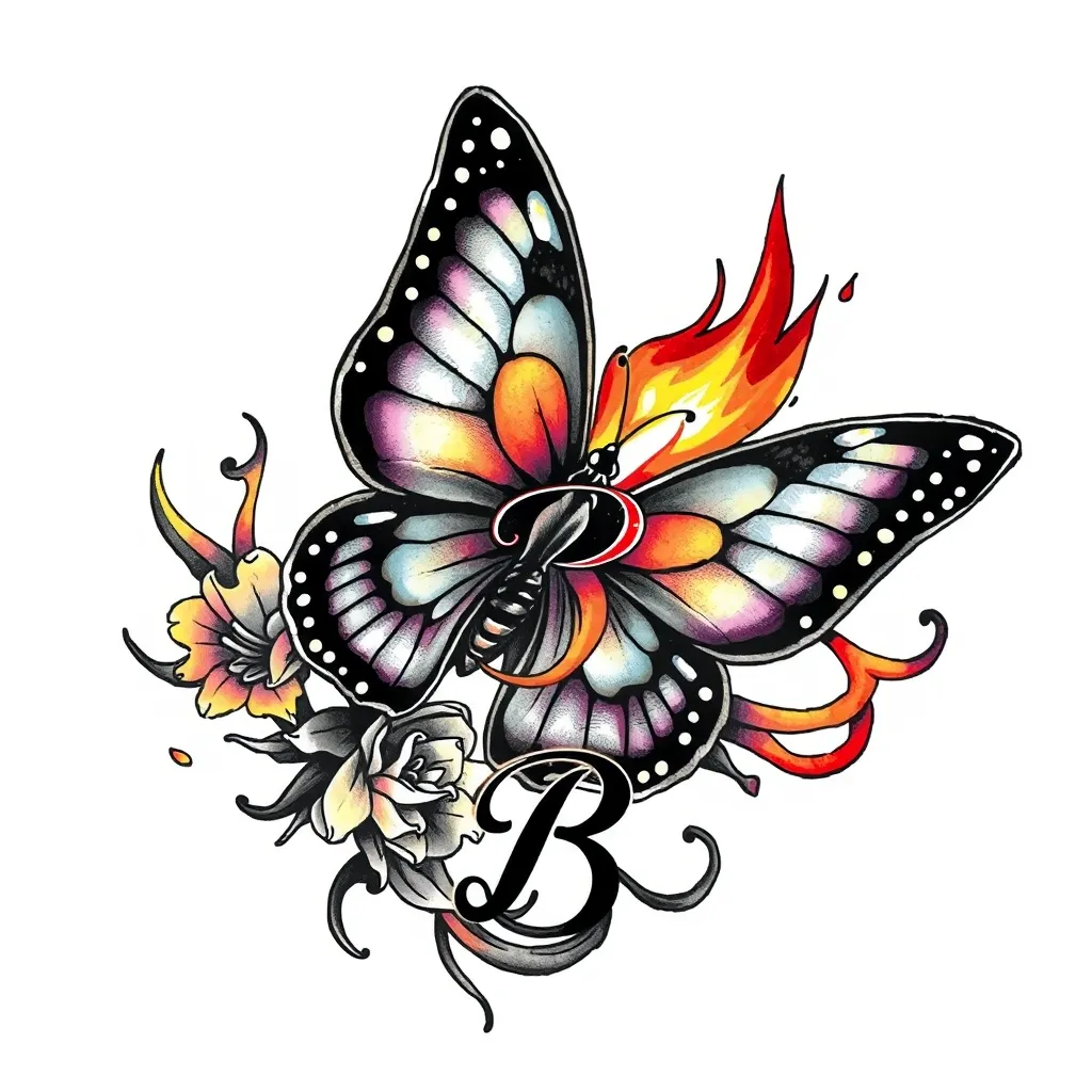 INFP, butterfly, a cursive letter B ,fire, reborn, love, beauty, black and white وشم