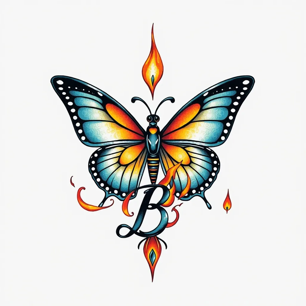 INFP, butterfly, cursive letter B, fire. Reborn, with love وشم