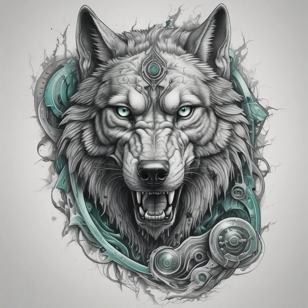 ink complete hyper realistic tattoo draw, dark eyes, rabid, furious, growling wild turkish wolf, half face, calm looking serious turkish gray wolf, Light green Eye,half face,separated by a lightning-like streak,both in the same unique draw टैटू