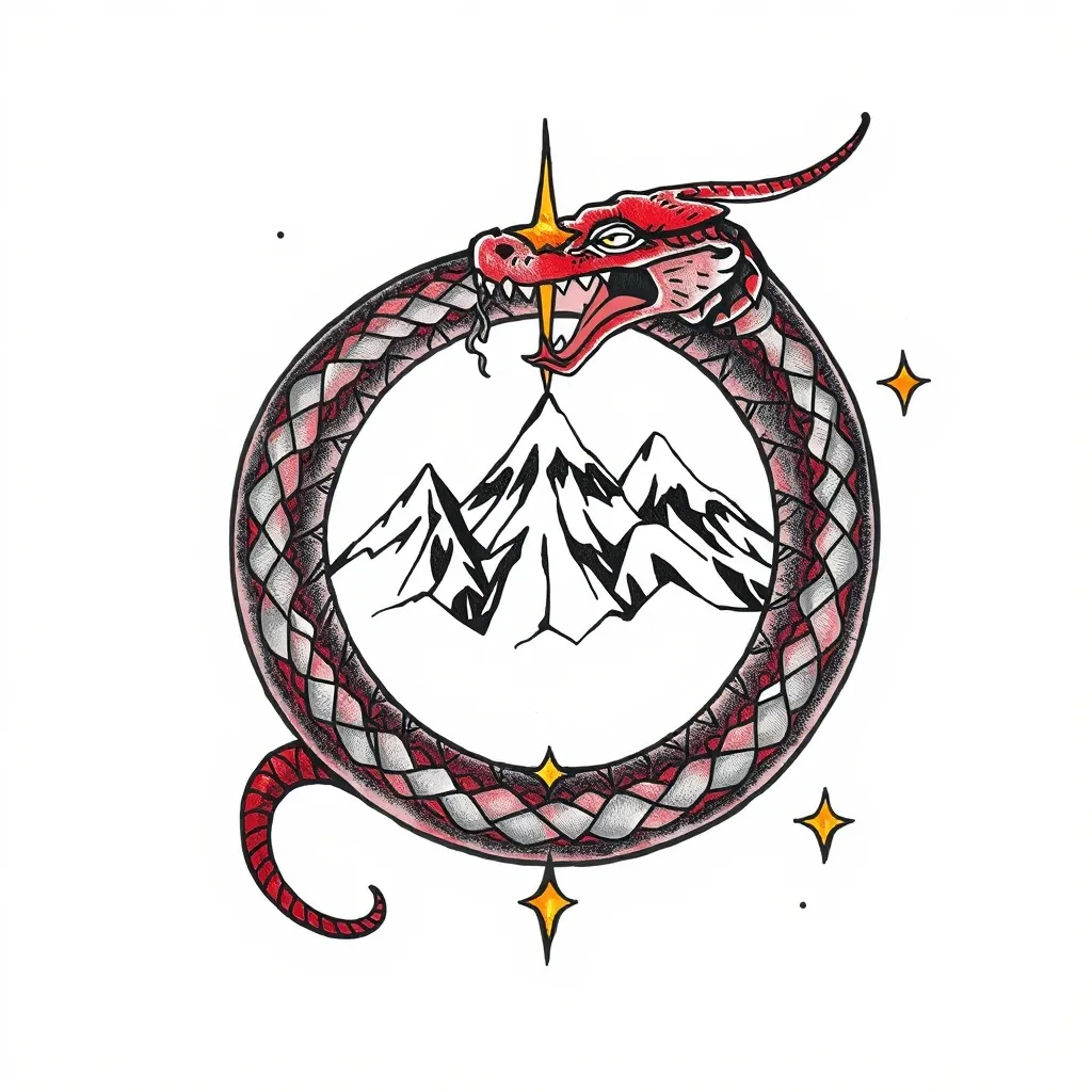 Integrate the snake and mountain and starfus into the Mobius ring وشم