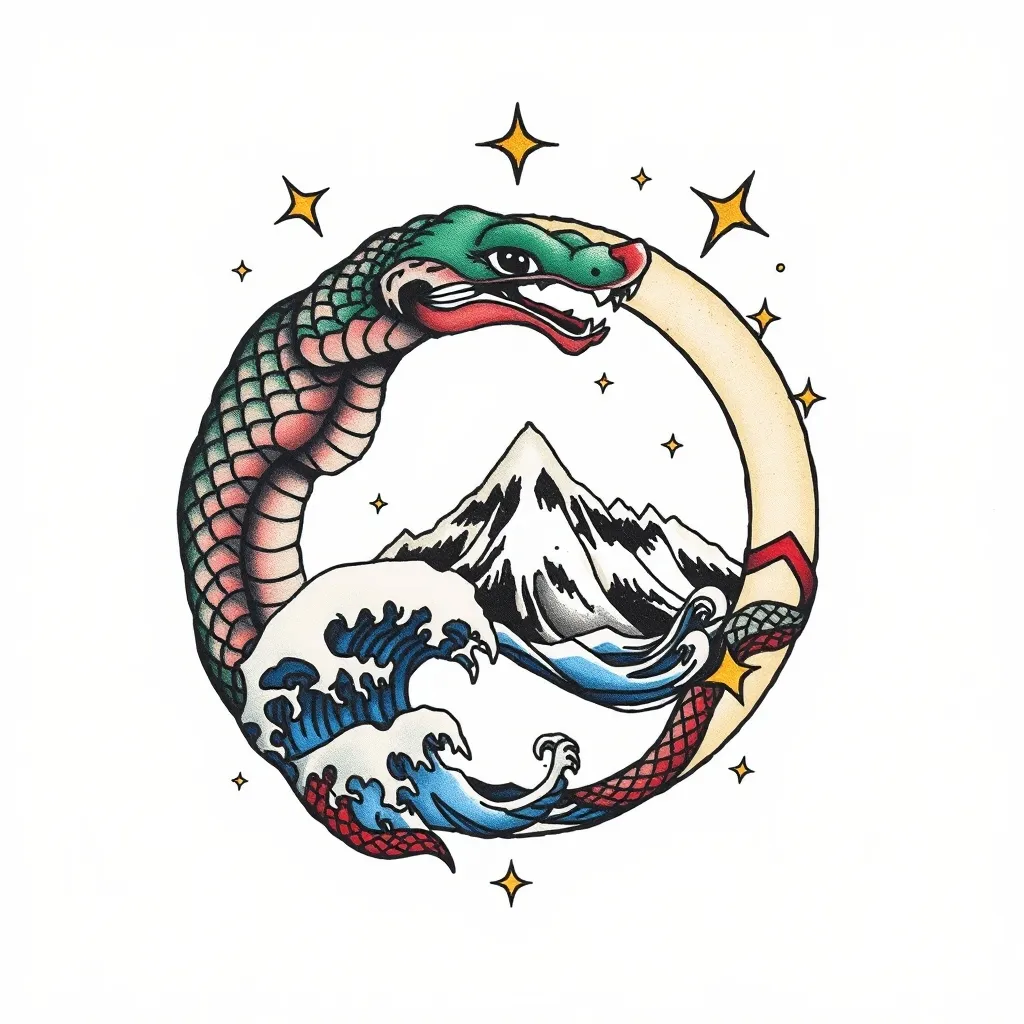 Integrate the snake and mountain and waves and stars into the Mobius ring وشم