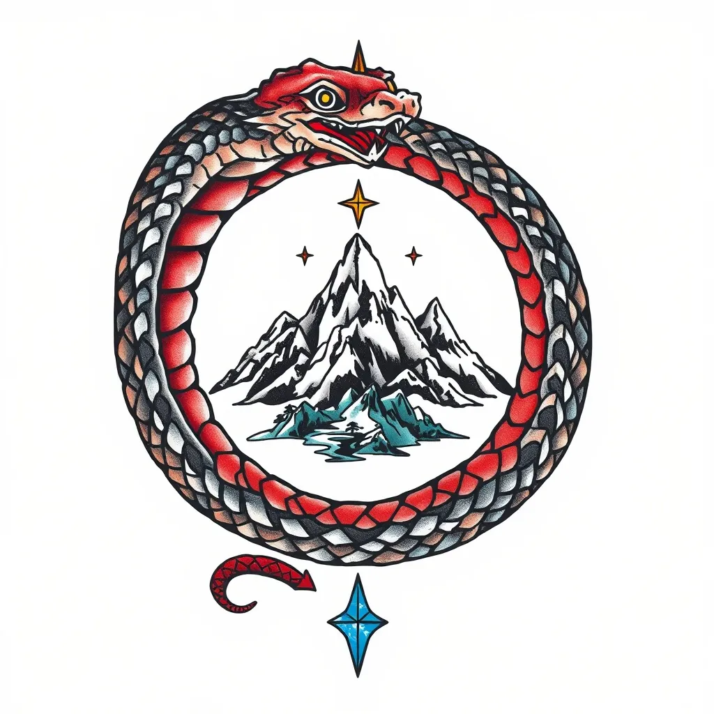 Integrate the snake and mountain andstarfus into the Mobius ring وشم