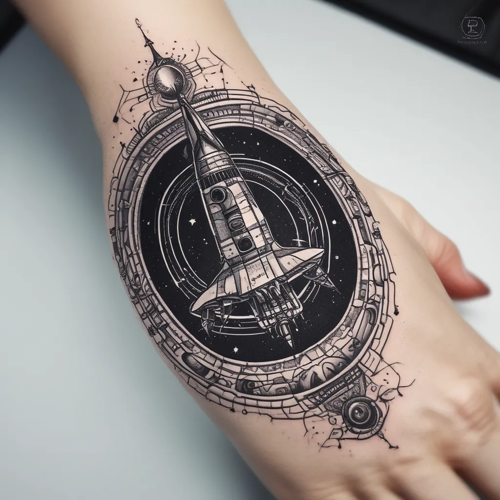 interstellar theme, black hole with space ship, colored tatoeage