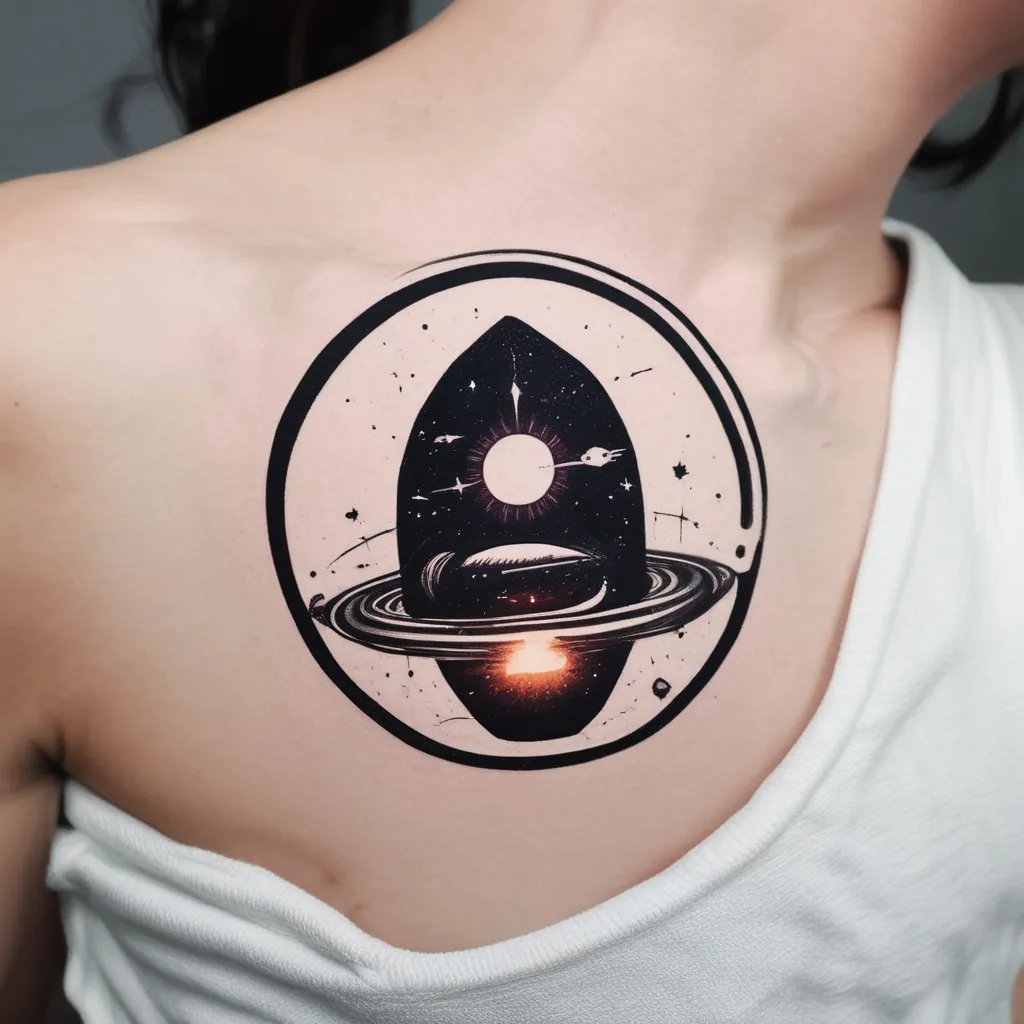 interstellar theme, black hole with space ship, colored tatuaggio