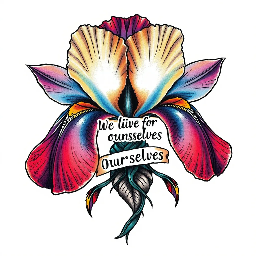 Iris with a word "Vivimos por si mismo" as the root of the iris
 tatoeage
