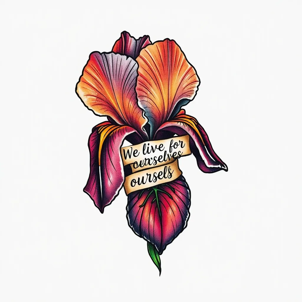 Iris with a word "Vivimos por si mismo" as the root of the iris tatoeage