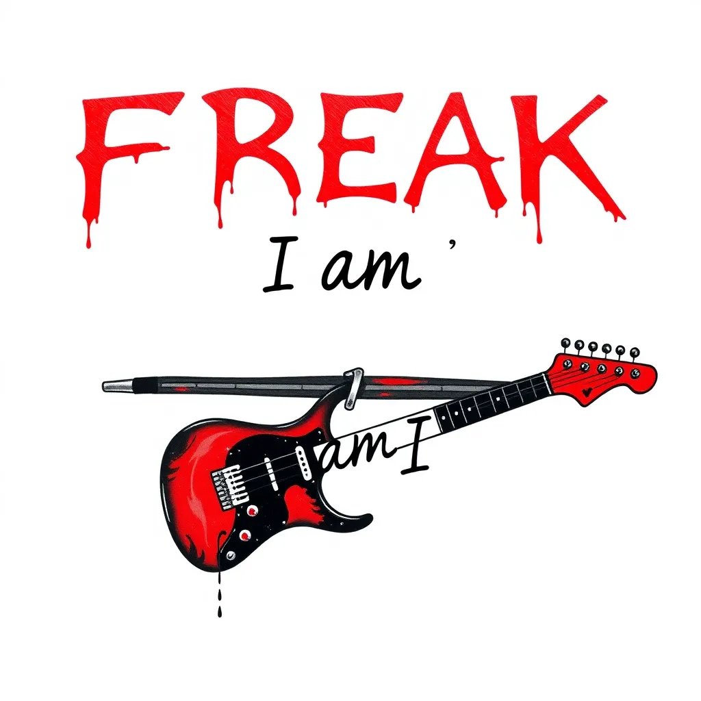 大体上由“FREAK”和“I am I.”这两句话组成，以”FREAK“为主体，可以用红色呈现一种血色的感觉，I am I.用黑色。底下有一个横着的红黑色的电吉他，琴弦中间有一段是断的，”I am I.“就放在断掉的这里。这个纹身我想表达的是一种不在乎别人看法的感觉，我即是我，我想是什么样就是什么样，如果我想的话我可以是一个怪胎。这个纹身我希望一种怪诞的、摇滚的、帅气的、个性的。我想要的是一个纹在大臂前侧的小图案，大约只有5到8厘米。除了这两句英文和音乐相关的图案之外不要任何其他图案，字体应该是手写的感觉 τατουάζ