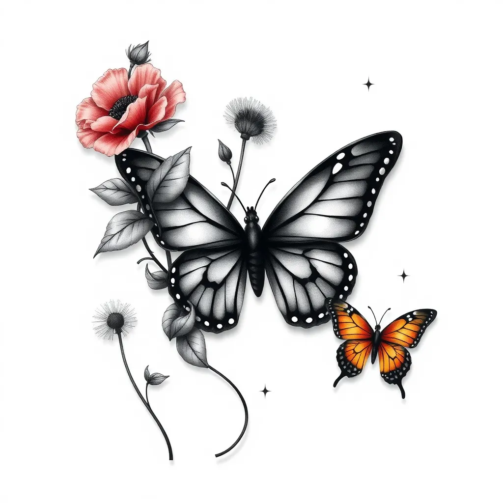 lierre, coquelicot, pissenlit, lettre L, demi papillon tattoo