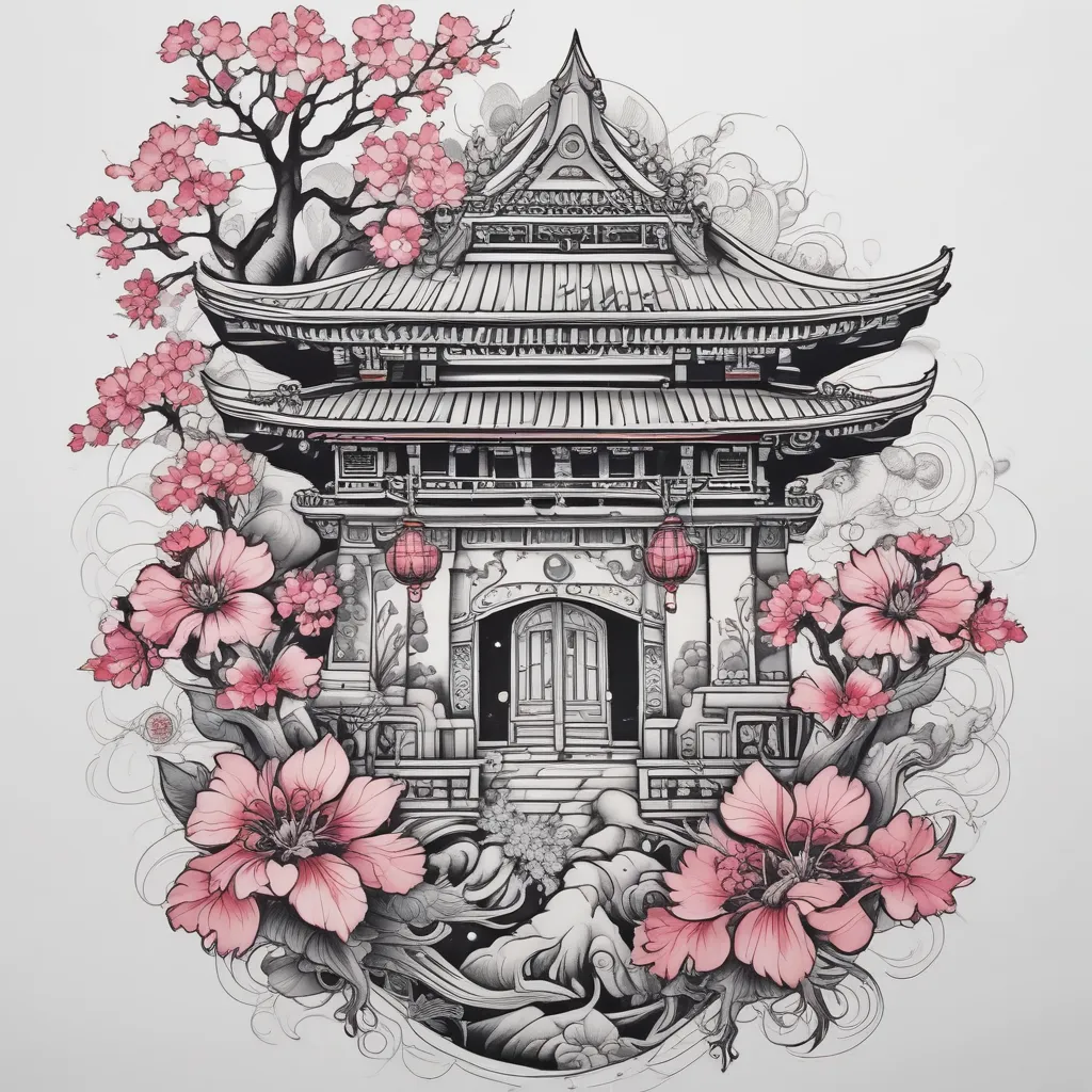 Japanese style tattoo with traditional elements of japanese culture like cherry tree, temple, kanji and kami tatuering