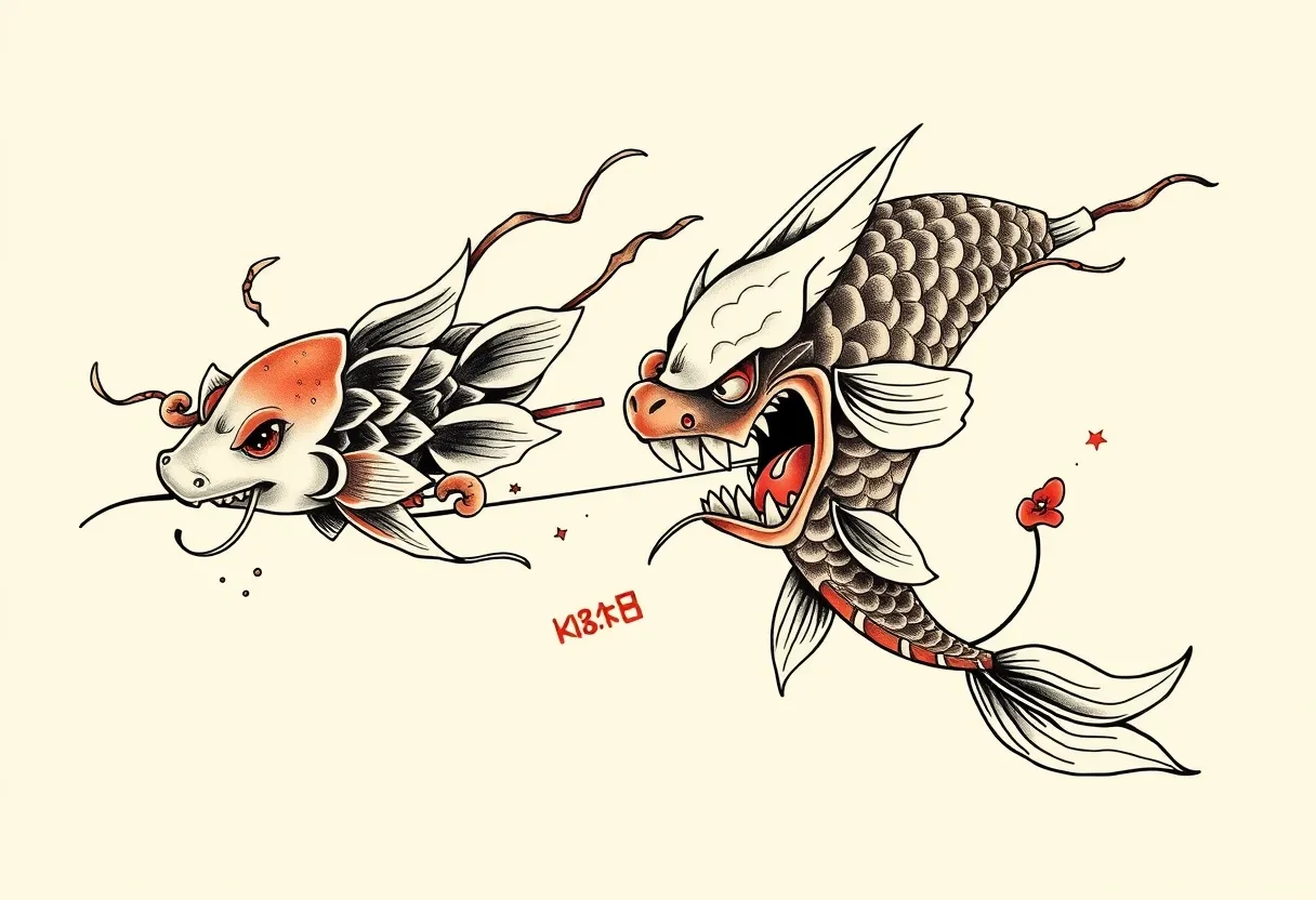 japanese traditional full arm tatto with koi fish and oni mask 入れ墨