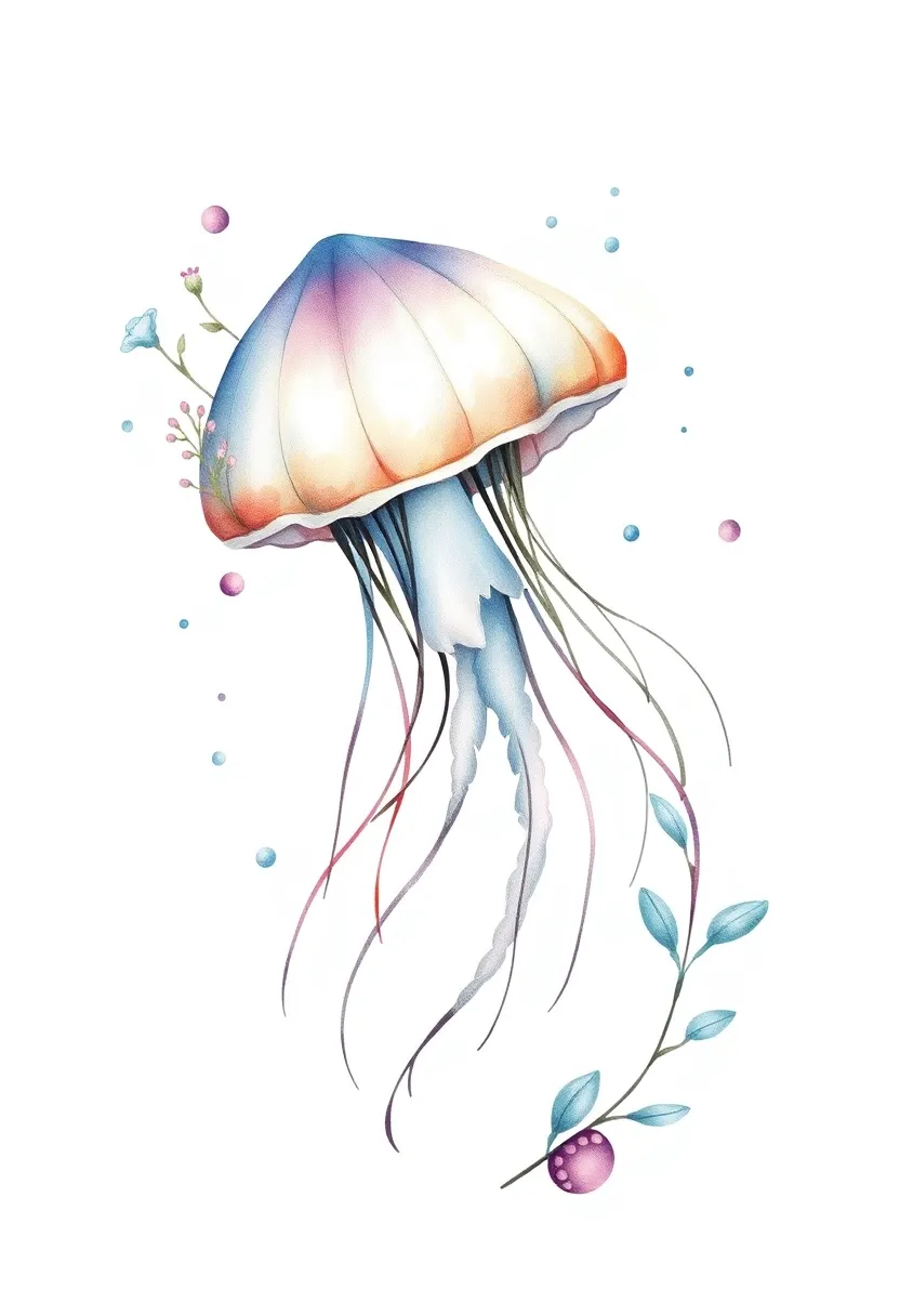 Jellyfish, seashell with sea plants around it, simple, flowing composition, 20*8-10cm size tattoo design Tätowierung