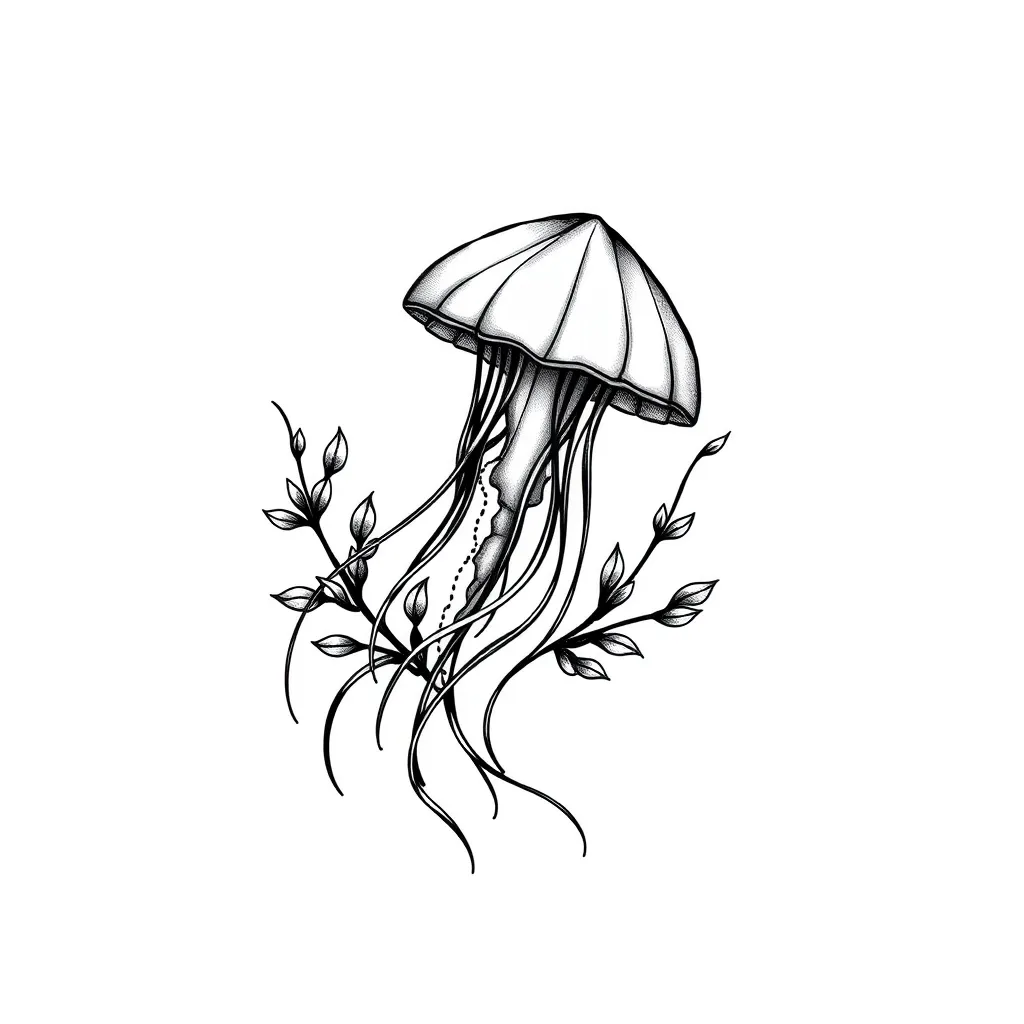 Jellyfish, seashell with sea plants around it, simple, flowing composition, 20*8-10cm size tattoo design Tätowierung