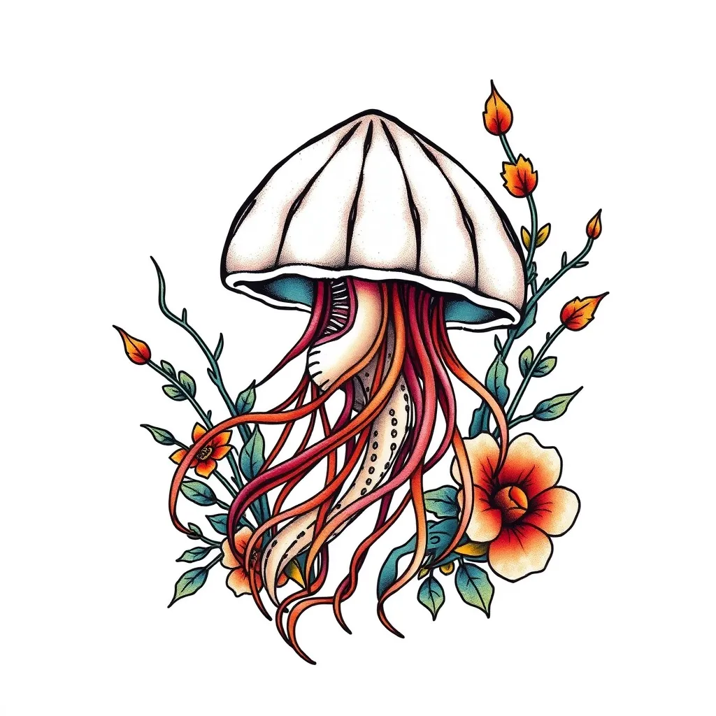 Jellyfish, seashell with sea plants around it, simple, flowing composition, colorfull 20*8-10cm size tattoo design tetování