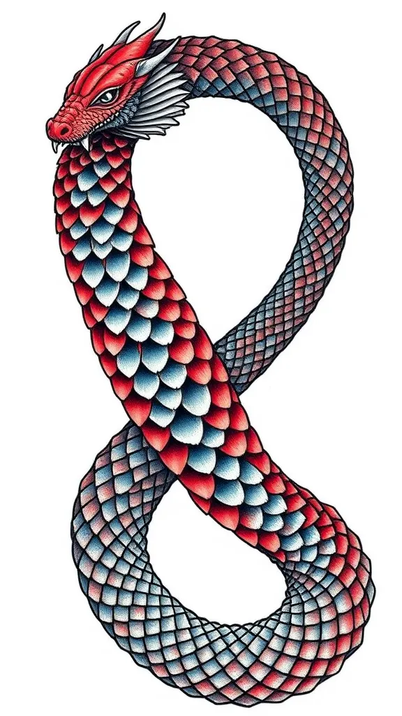 Jormungandr, the mythical serpent, depicted in the style of traditional Nordic art. The serpent's scales are intricately detailed, each one meticulously crafted to show a sense of movement and fluidity. The color of the scales is red and blue. The overall mood is one of power and mystery, capturing the awe-inspiring presence of this legendary creature. وشم