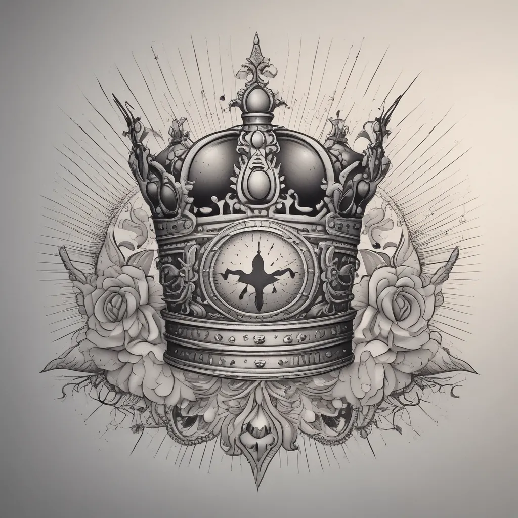 kings crown with sun and its rays behind it in black and grey tatouage