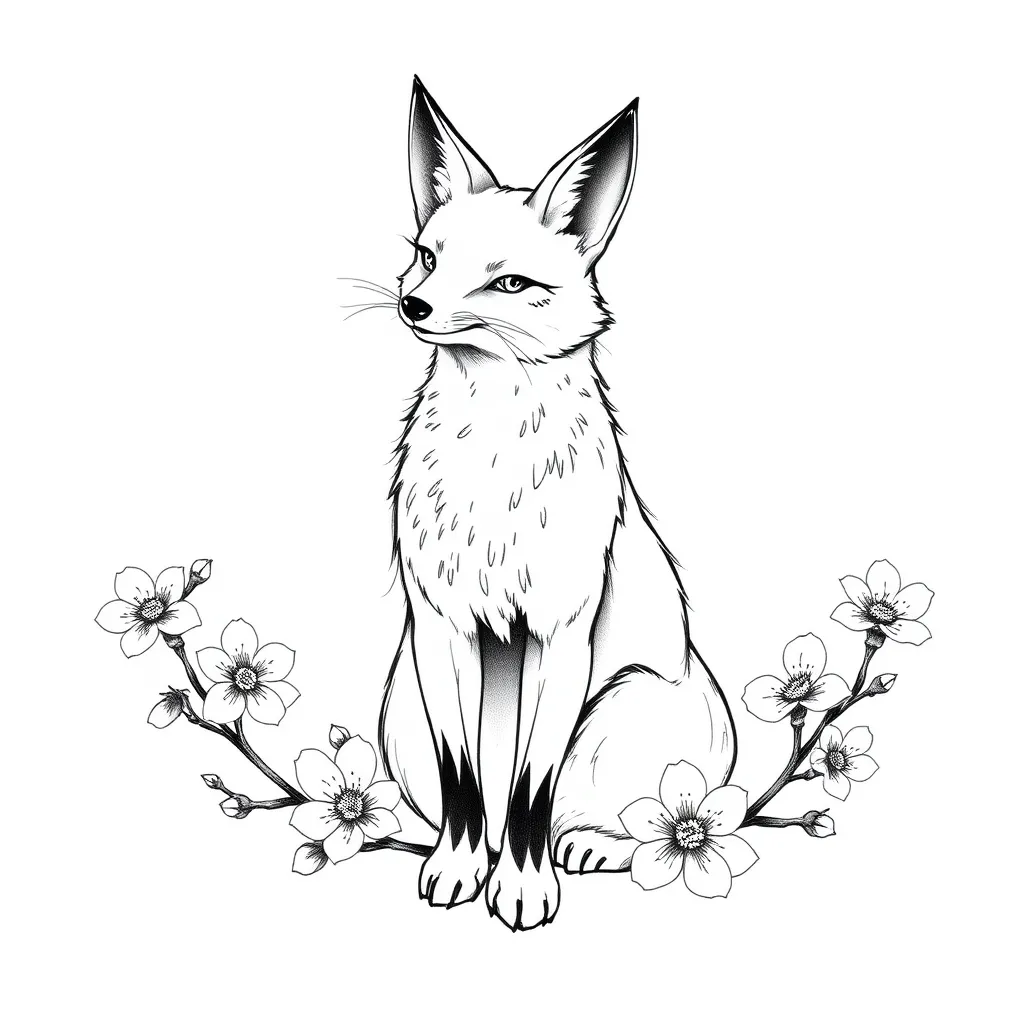 kitsune fox standing and sakura flowers tattoo