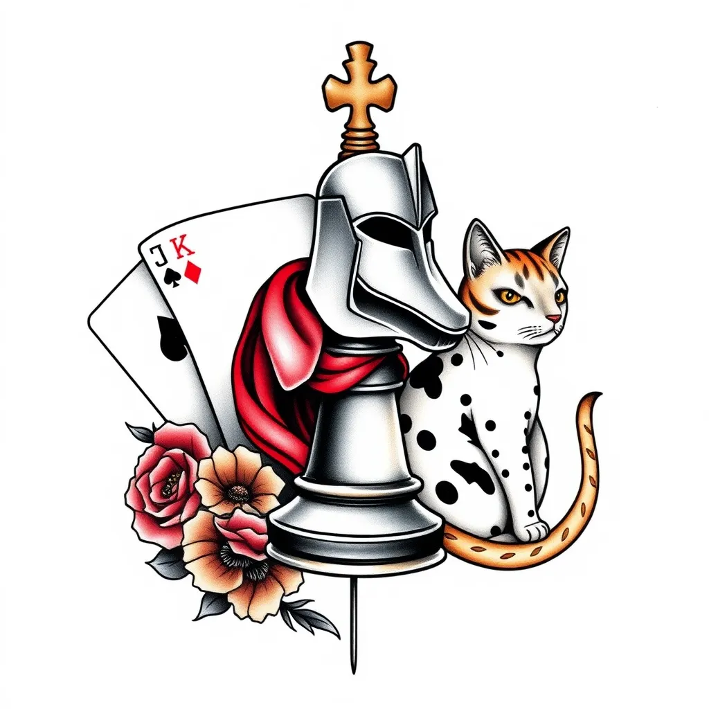 Knight chess piece, 3 playing cards, cat upper arm tattoo tattoo