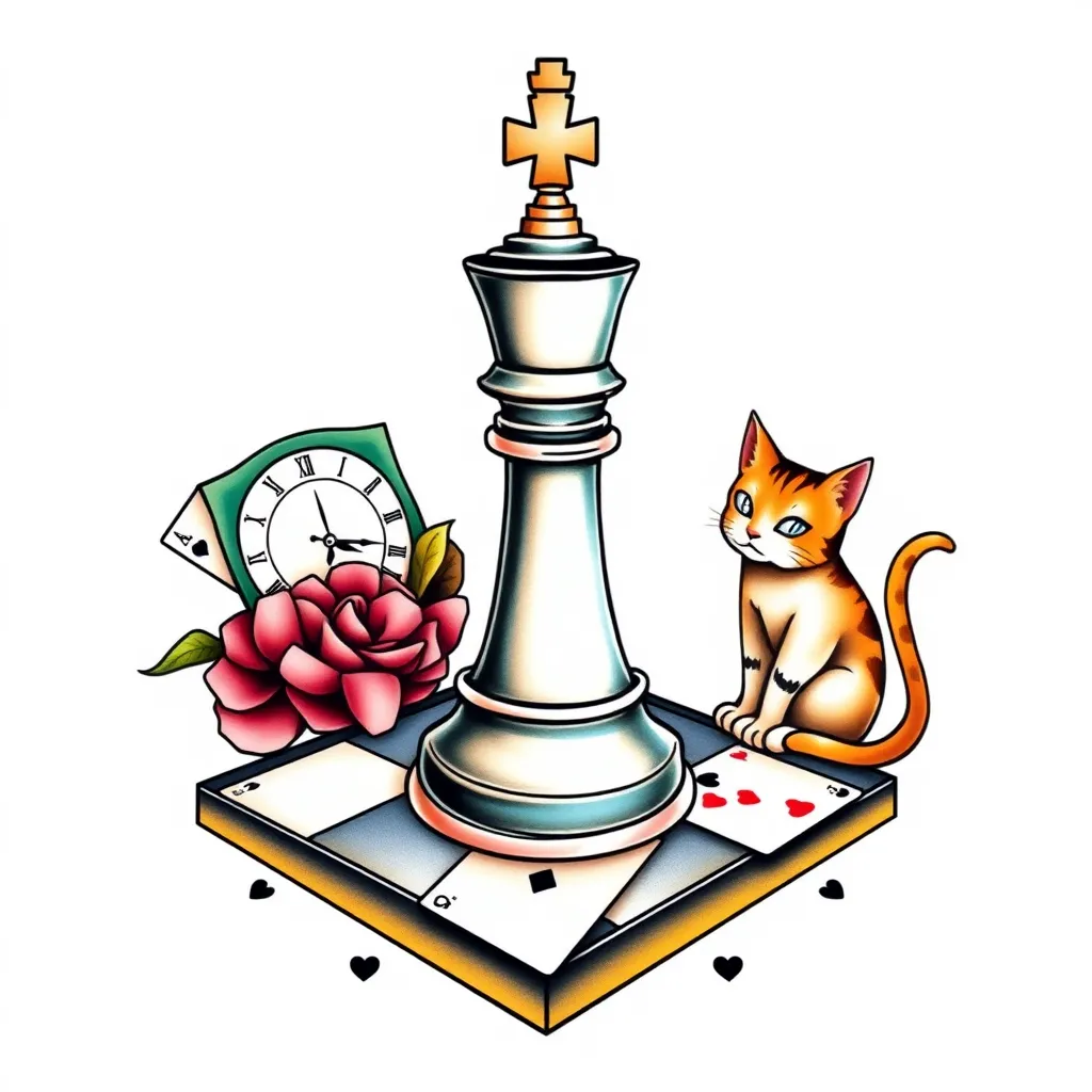 Knight Chess piece on a grid, with a clock and cat and 3 playing cards tattoo