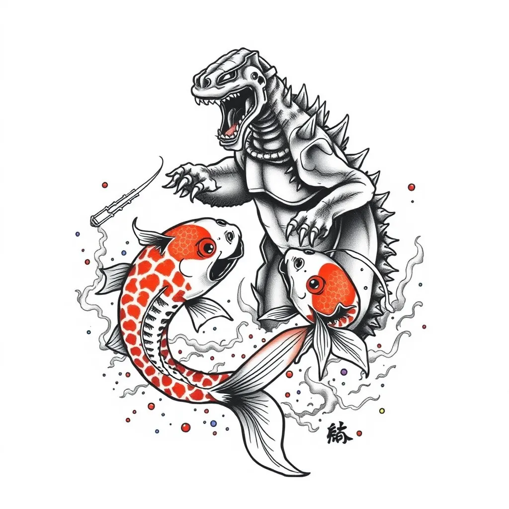 koi fish figth with giant cyborg godzilla tatouage