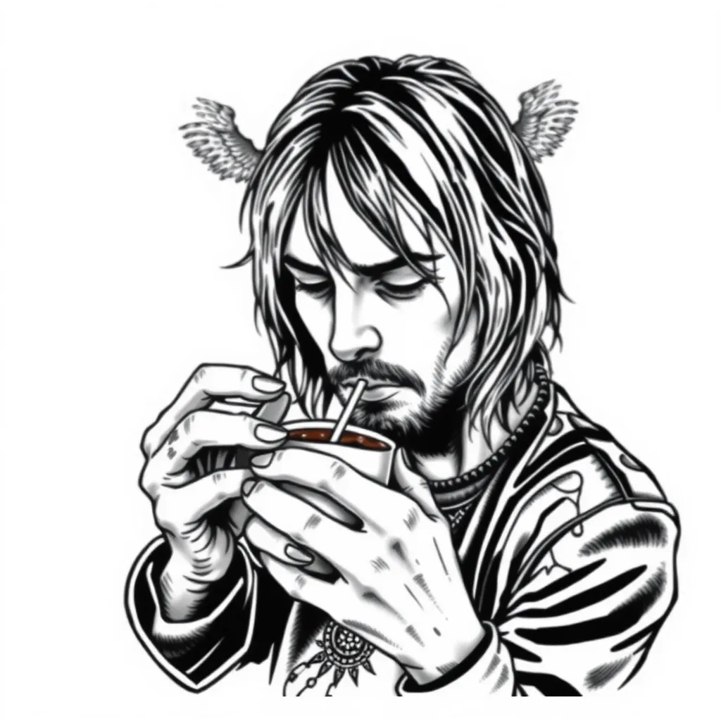 kurt cobain drinking a cup of coffee tattoo