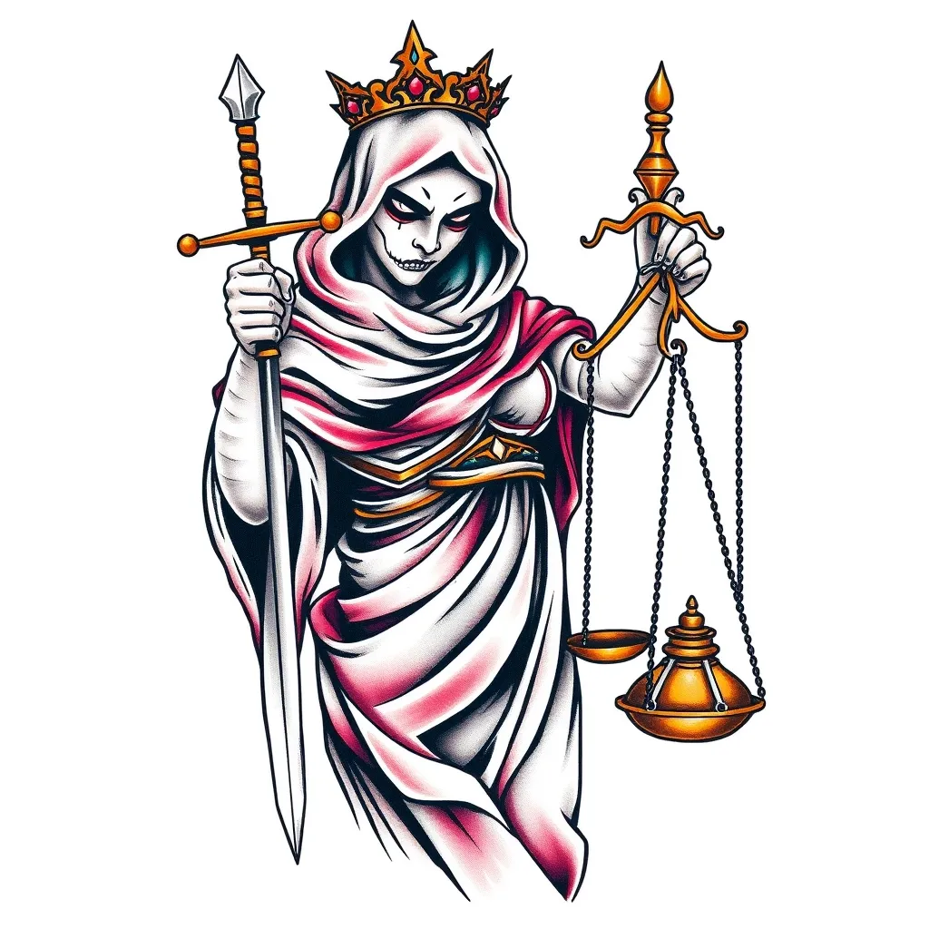 lady justice, scary face behind the shawl, sword in one hand, lantern or scale in the other, upper body turned to the side Tätowierung