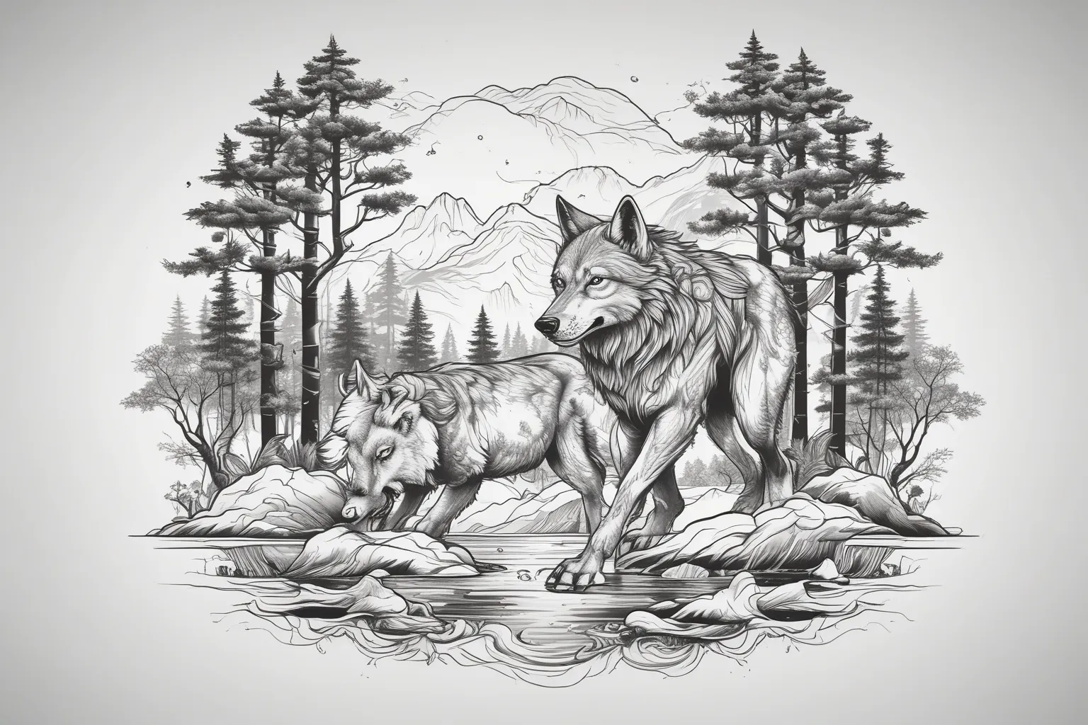 Lake and trees and wolf tatuering