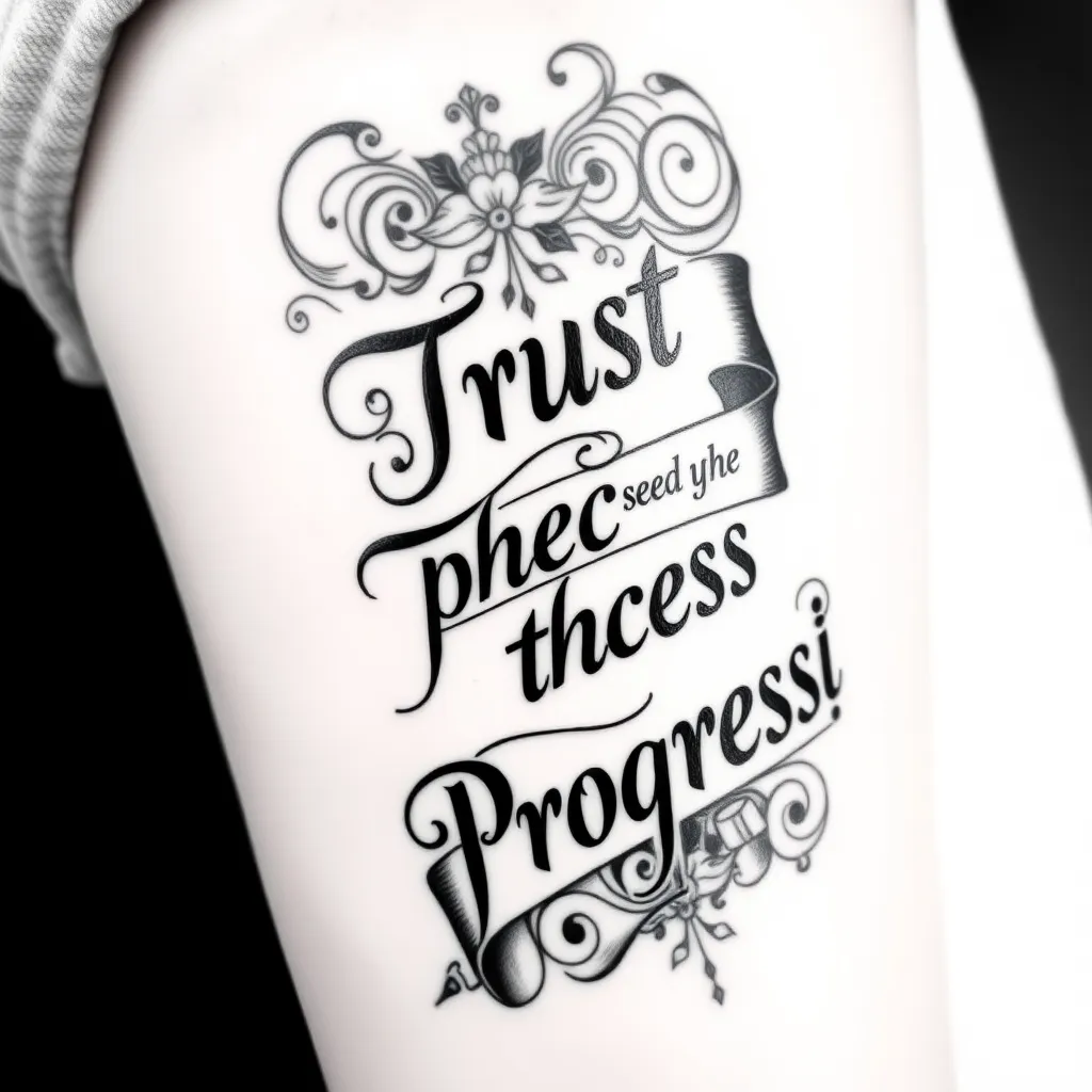 lettering para eso muslo Trust the process con un pergamino diciendo see the progress tattoo