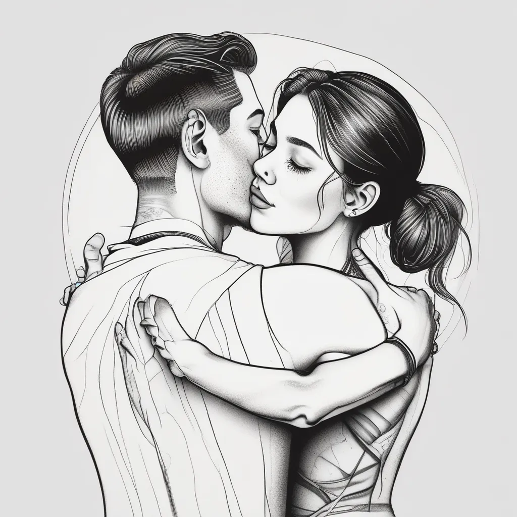 lines, black-white, girl hugs a guy from the back tatouage