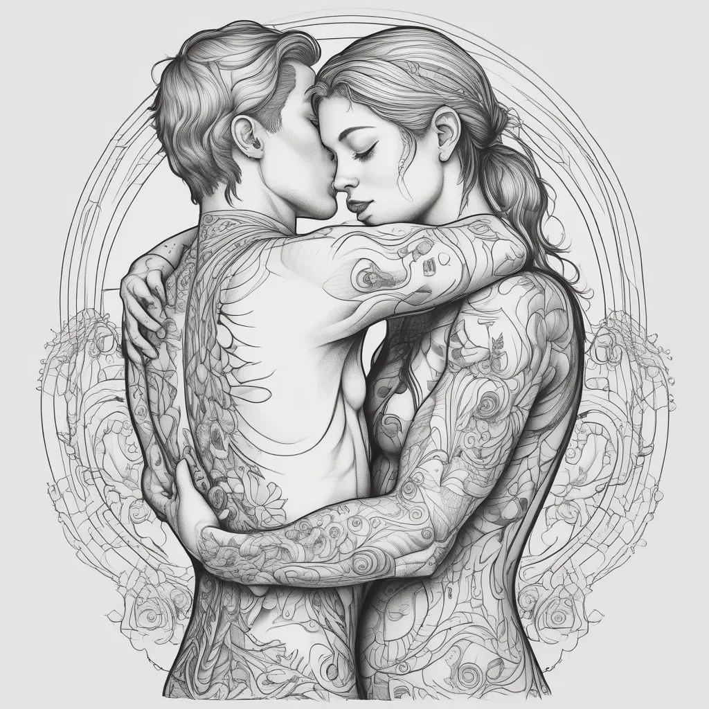 lines, black-white, girl hugs guy's back tattoo