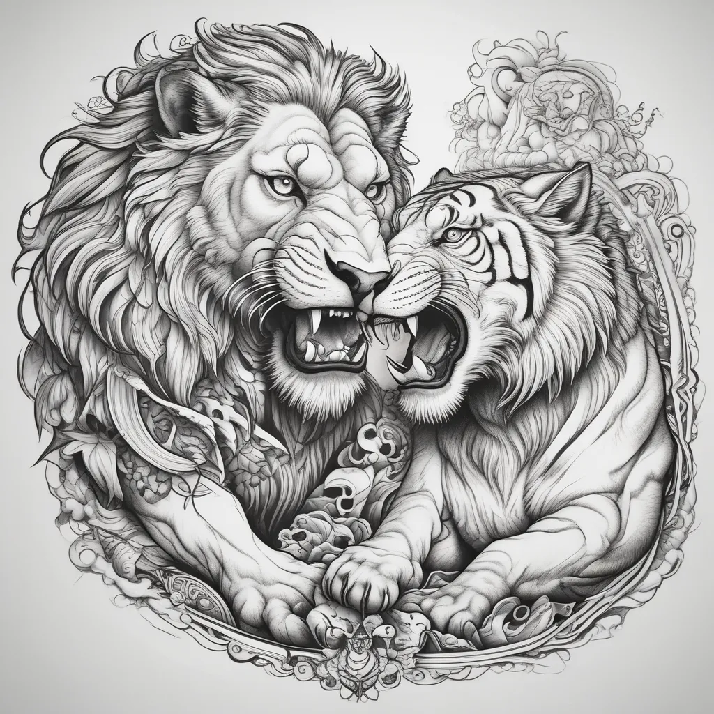 lion and tiger fighting black and white tatouage