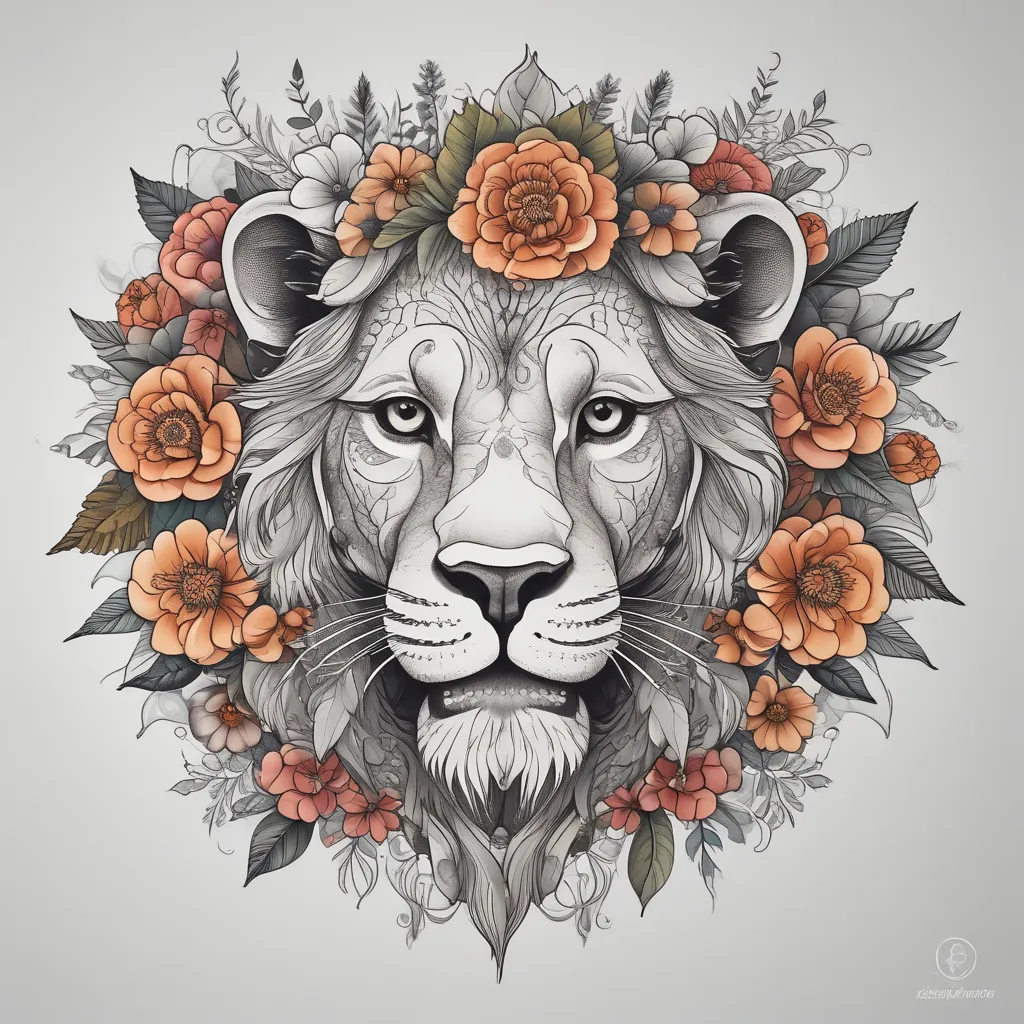 Lion head, made up of flowers and leaves टैटू