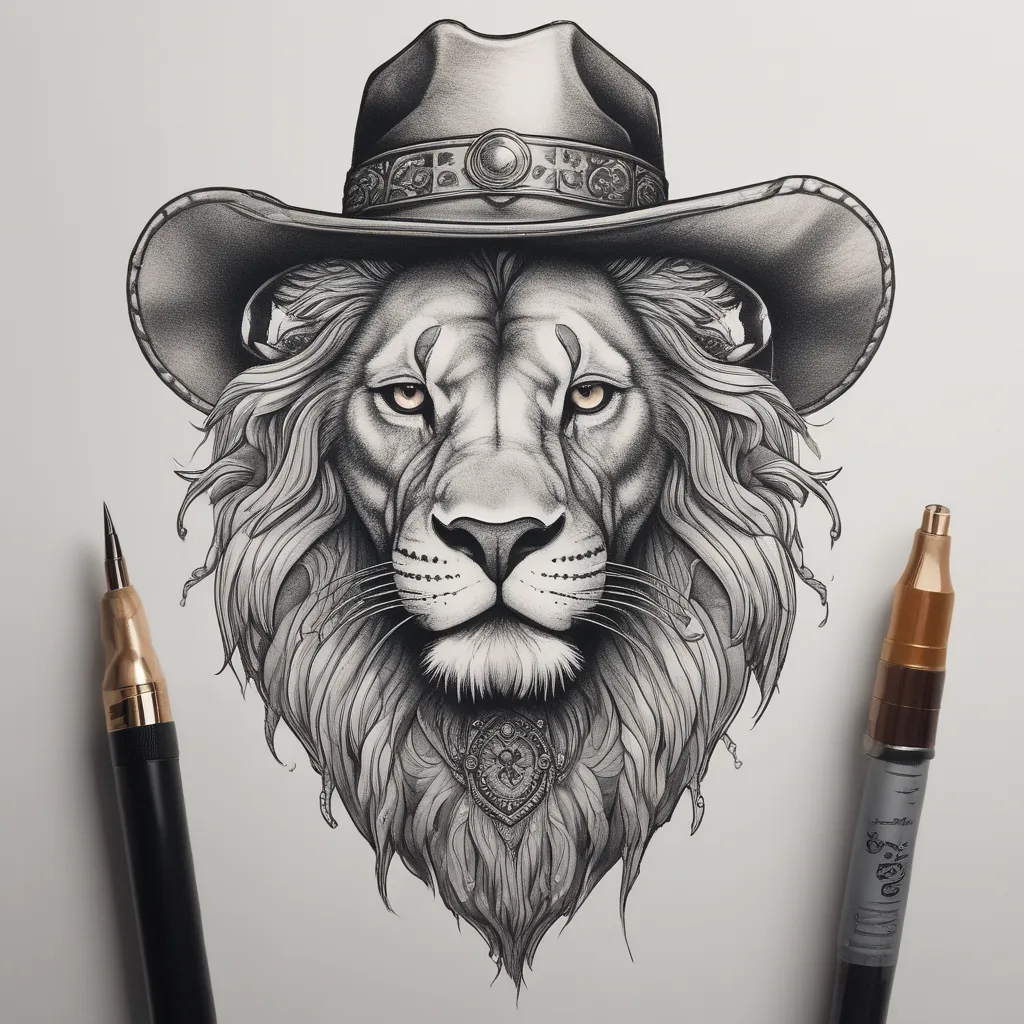 Lion With A Cowboy Hat On Head 纹身