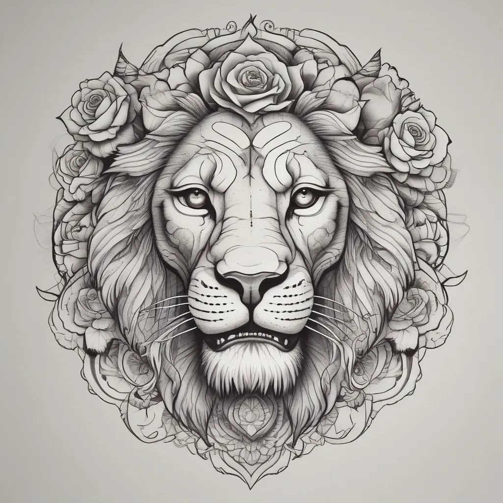 lion with rose in mouth tatuaż