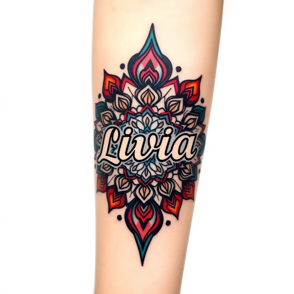 Prénom livia caché dans un tatouage mandala sur l'avant bras  문신