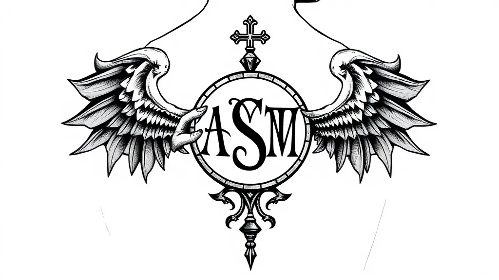 Logo of Shoulder tattoo design of Toutatis holding a sphere with the initials AMT ST SM JM GT AM,  tattoo