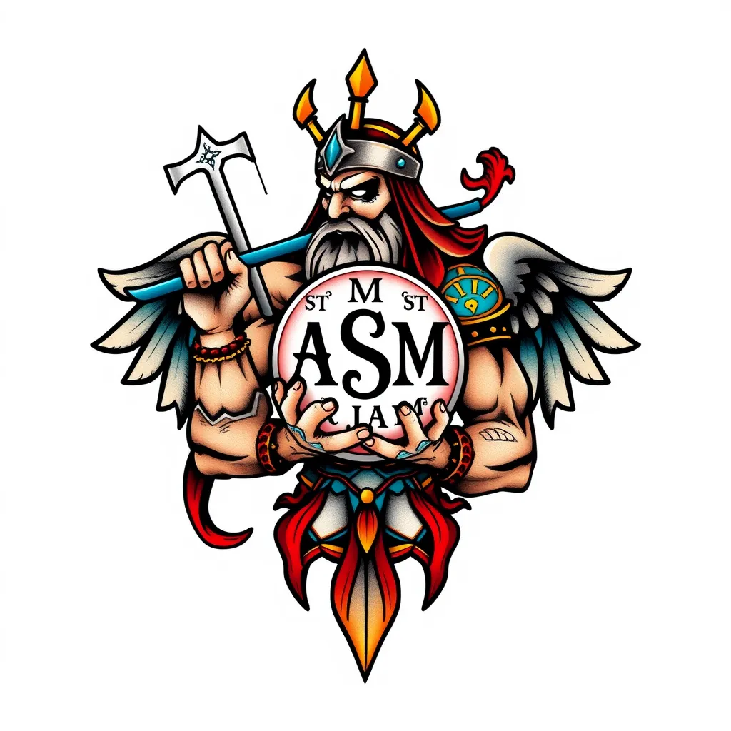 Logo of Shoulder tattoo design of Toutatis holding a sphere with the initials AMT ST SM JM GT AM, i tattoo