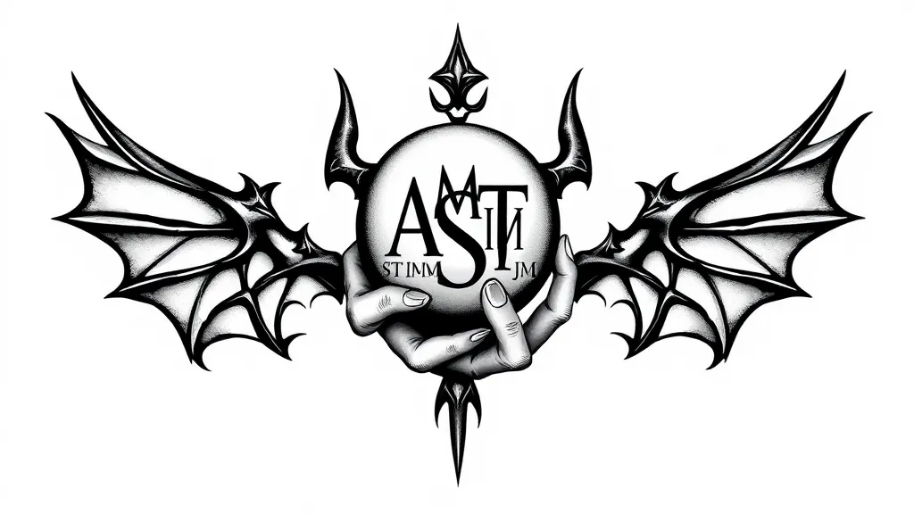 Logo of Shoulder tattoo design of Toutatis holding a sphere with the initials AMT ST SM JM GT AM, i tattoo