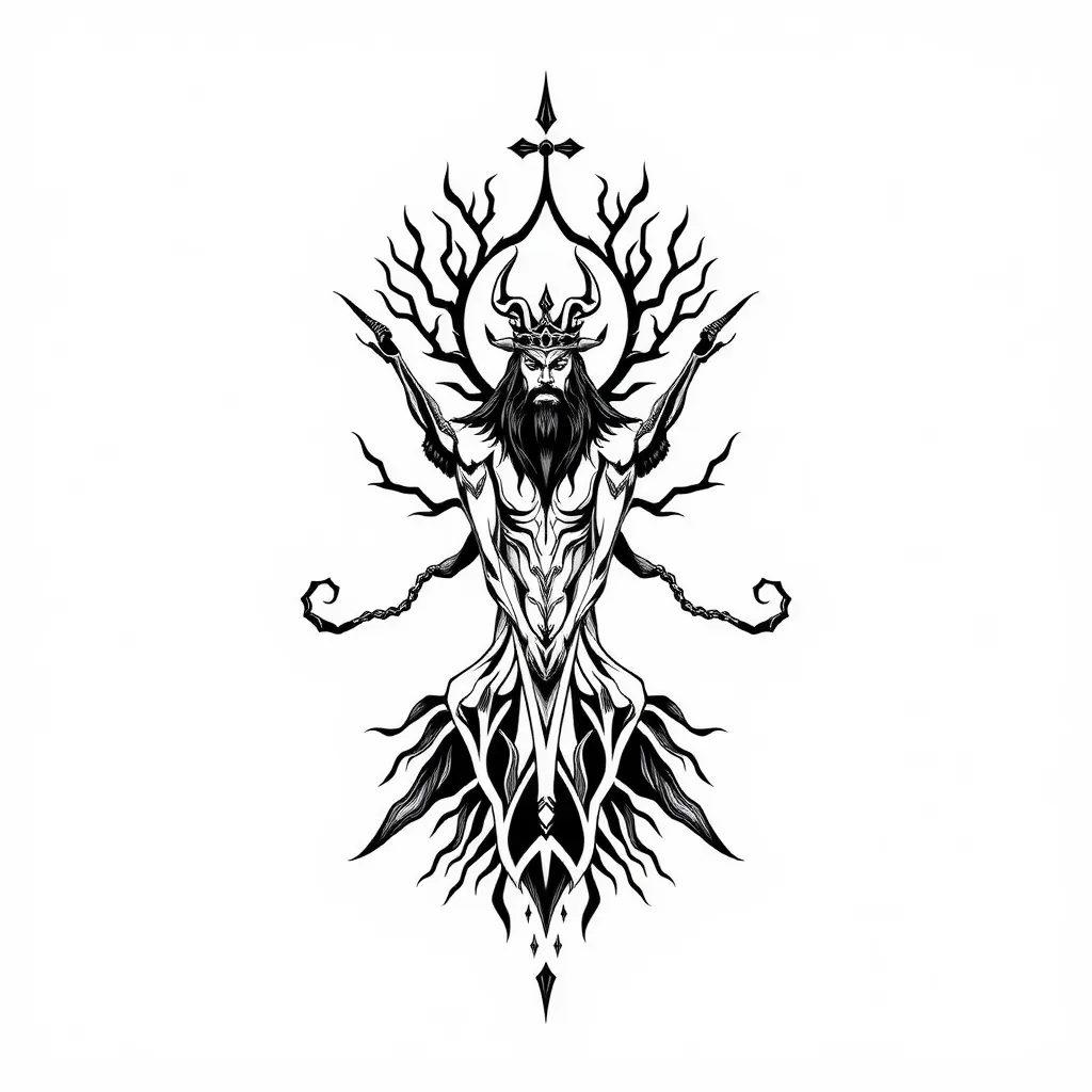 Loki, throne, tree of world, sacrifice tetování