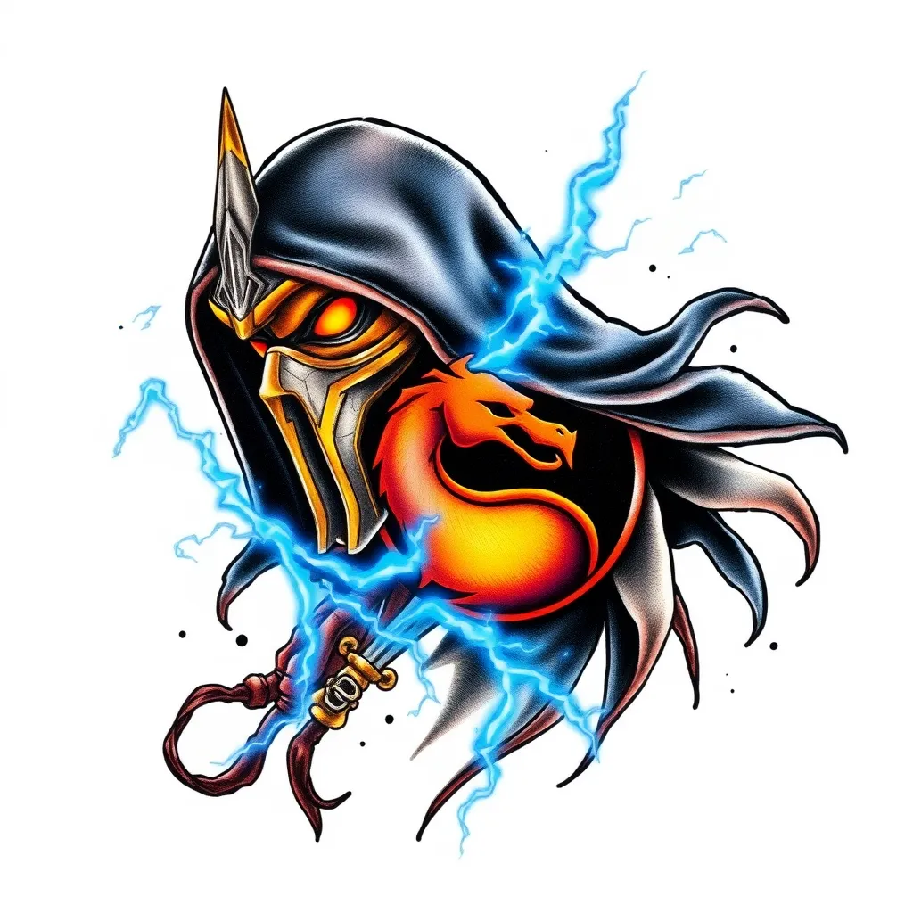 Lord raiden z niebieskimi piorunami i logo Mortal Kombat 1 tattoo