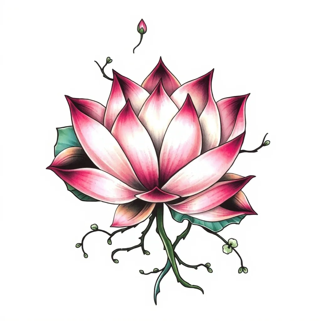 莲花、莲叶、莲茎缠绕、虚化藤影 纹身
