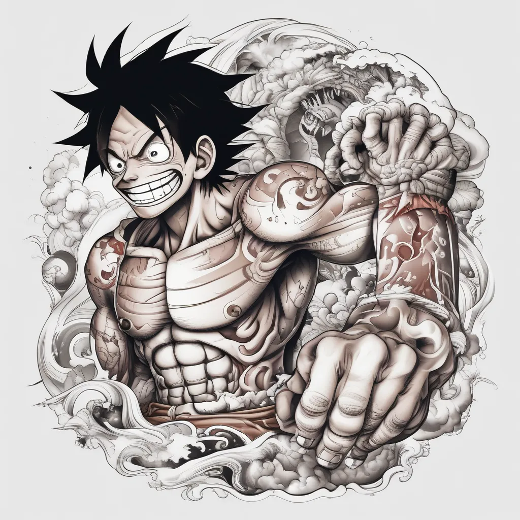 Luffy in gear 5 smiling and holding a piece o meat tattoo