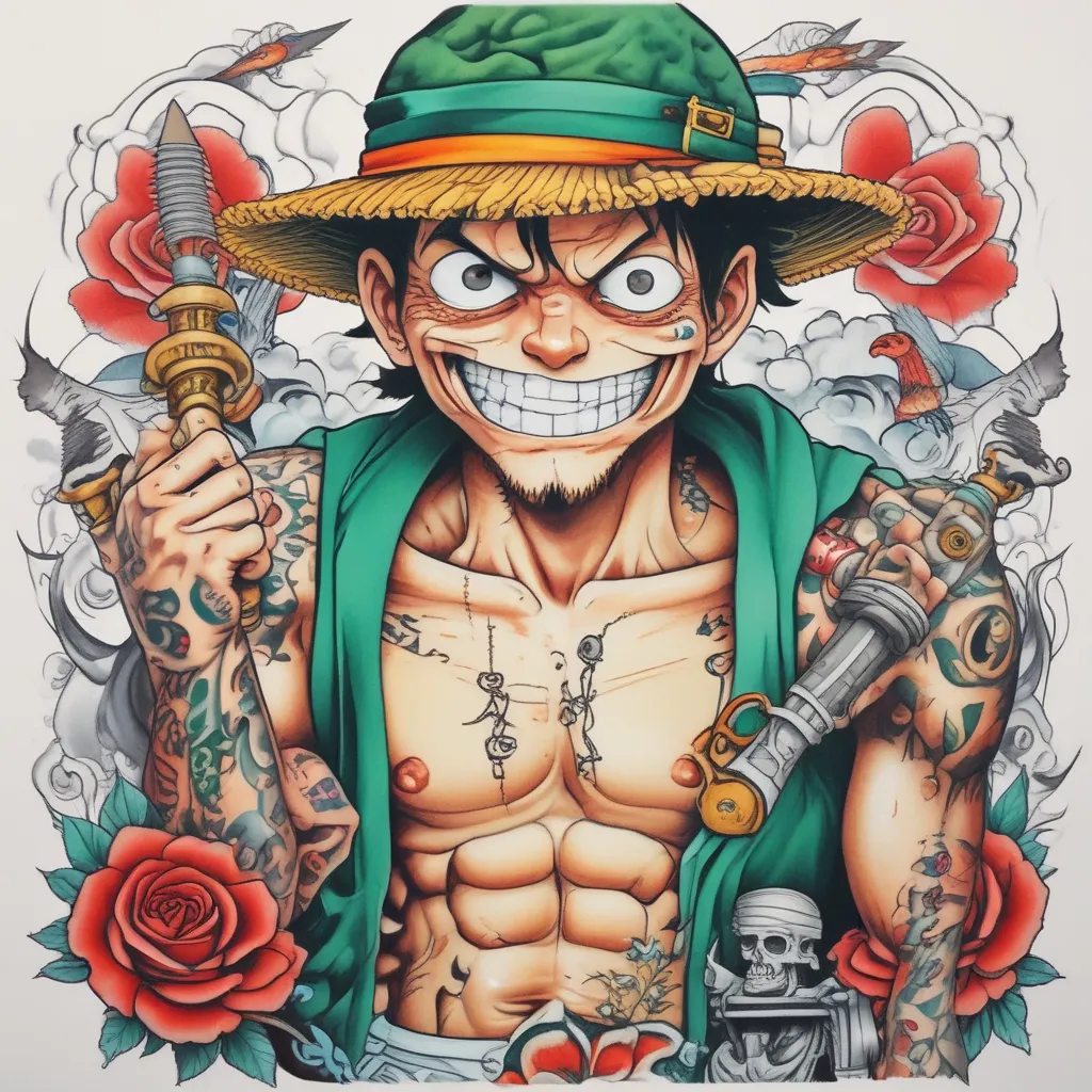 Luffy smiling with Zoro in his left holding a sword and Chopper on his right with a power gum in his paw  tatuagem