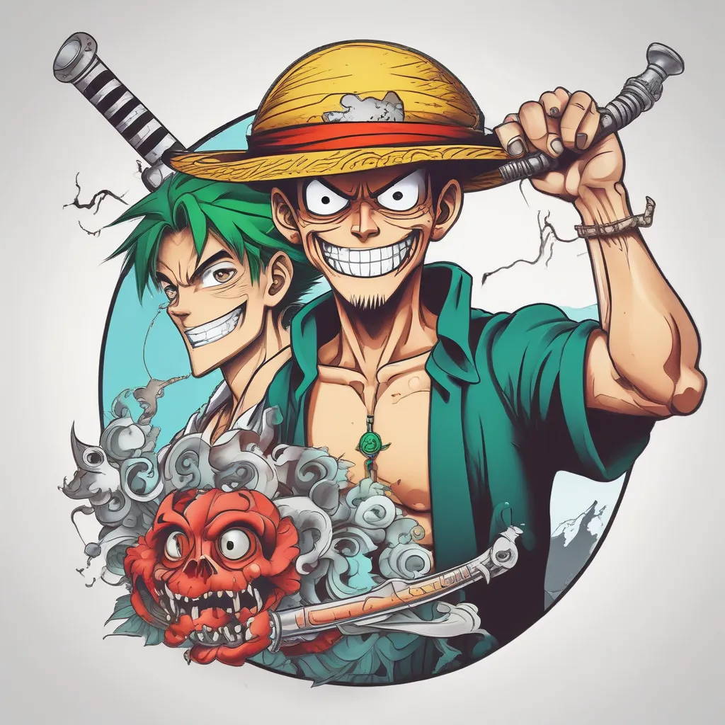 Luffy with Zoro holding his swords and Chopper smiling  tatouage