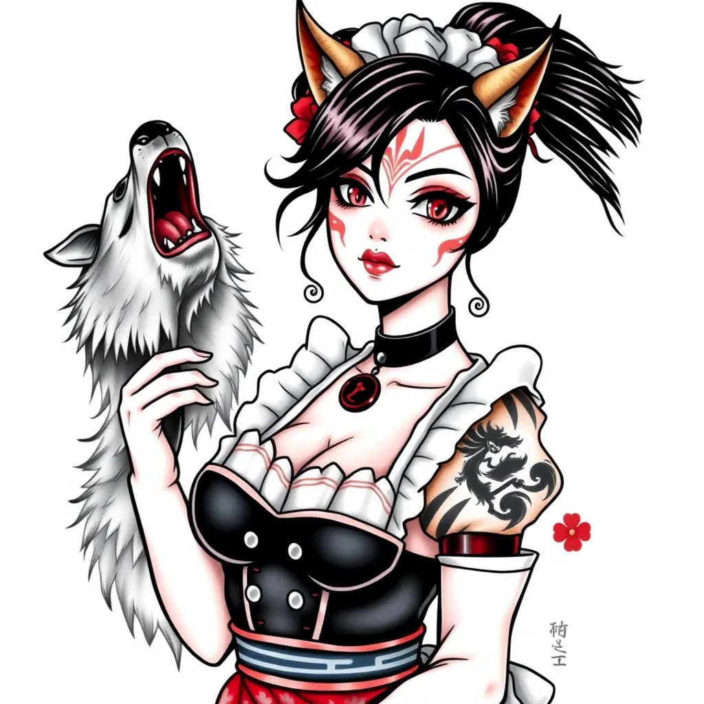 
Maid girl with big ass and big boobs and foxy face and has wolf tatti on her face and has horn tatuaż