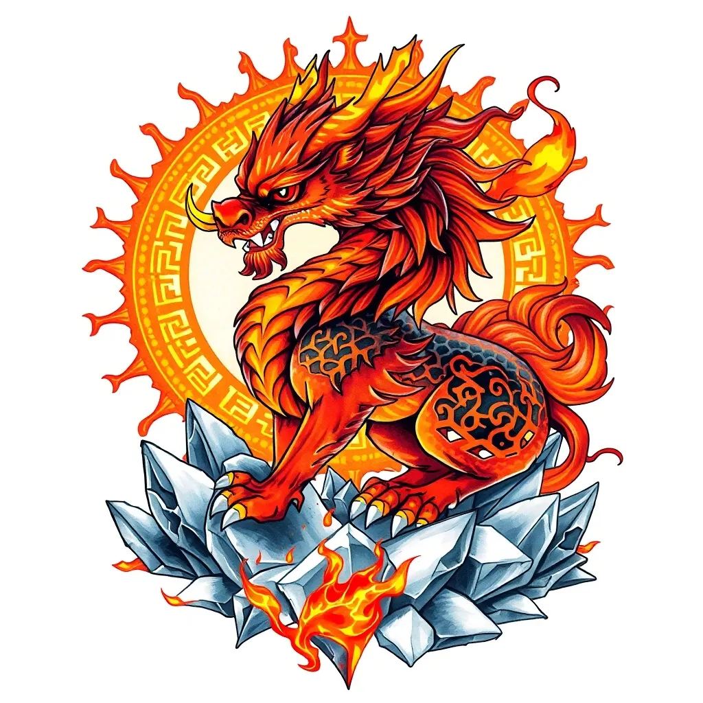 - **主图**:一头**熔岩麒麟**(火土属性),身体由燃烧的岩浆构成,脚踏碎裂的冰山(象征破水旺土)。
- **背景**:火焰漩涡 + 太阳神轮(古玛雅太阳图腾),增强火能量。
- **隐藏细节**:
- 麒麟的瞳孔里藏**“戊”**字(你的日主)。
- 火焰中暗刻**“11.16”**(你的生日),用符文形式呈现。
- 脊柱线做一道**“熔岩脉”**(补火通阳气)。 τατουάζ