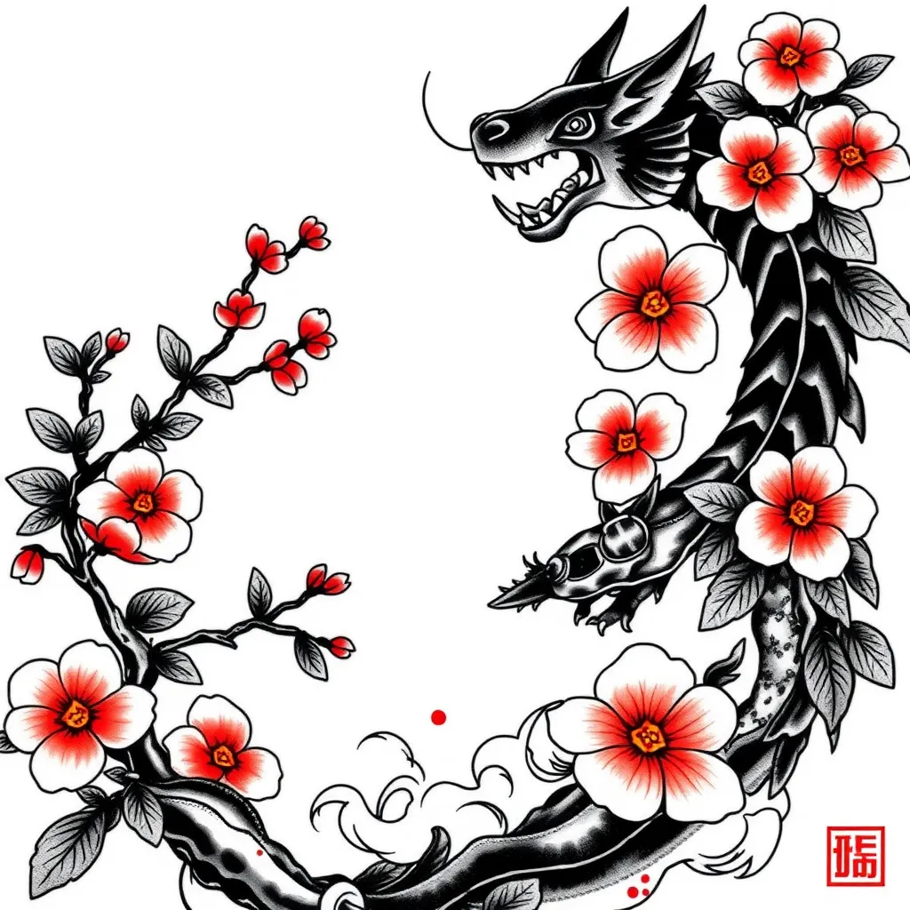 主图：不动明王，配图：杏花，五行土元素 tattoo