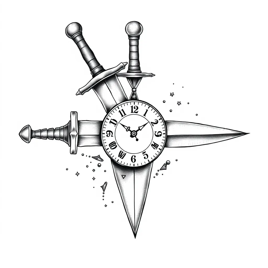 Main symbol: A dagger with sand flowing through the blade. Sand can be subtly depicted in motion, creating a dynamic effect.
Centre: Inside the dagger, place a detailed old-fashioned clock, inspired by the movie In Time, with the hands pointing to the time 11:09:2015. The clock should have a vintage look with small details such as decorative hands and subtle shading.
Style: Black and white, with fine lines to capture the fine details of the sand and clock. Use thin lines for sand details and hour shading to create contrasts.
Second tattoo (Hourglass and Clock): tattoo